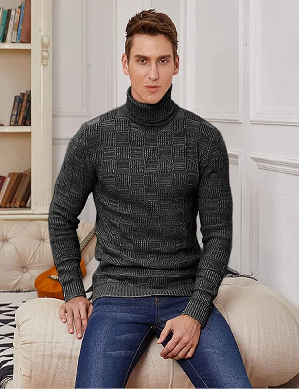 Online Exclusive Men's Knitted Turtleneck Sweater Plaid Hightneck Long Sleeve Sweater (US Only)
