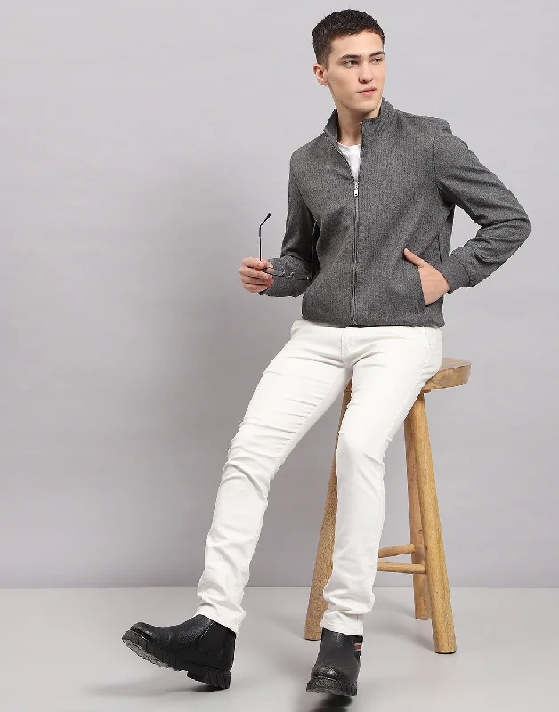 Savings Event Men Grey Self Design Mock Neck Full Sleeve Jacket