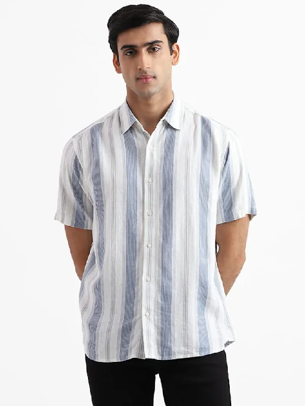 Discount Deals Ascot Block Striped Off White Relaxed-Fit Blended Linen Shirt