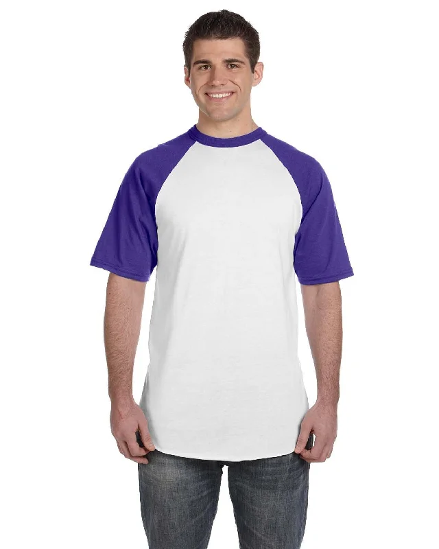 Your Weekend, Your Savings Augusta 50/50 Short Sleeve Raglan T-Shirt | White/ Purple