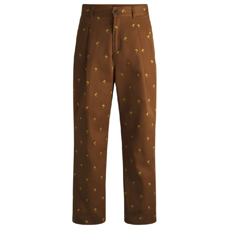 Weekend Deals That Please Flat-fronted trousers in floral-embroidered twill