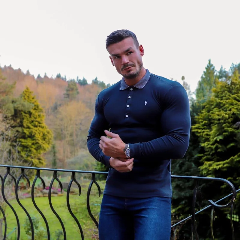 Weekend Specials to Delight Father Sons Classic Navy Pima Polo Shirt with Contrast Collar Long Sleeve - FSH427 Weekend Specials to Delight Father Sons Classic Navy Pima Polo Shirt with Contrast Collar Long Sleeve - FSH427