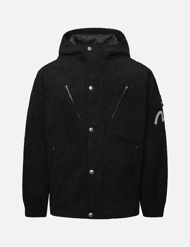 Daily Specials Allover Deboss Logo and Seagull Embroidery Loose Fit Hooded Corduroy Jacket