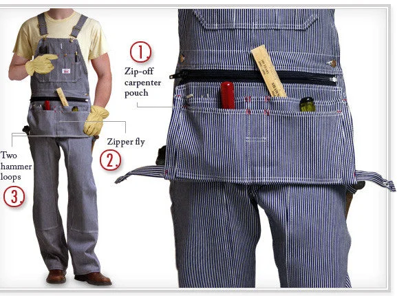 Act Now #730 Made in USA Stripe Carpenter Overall with Zip-Off Pouch