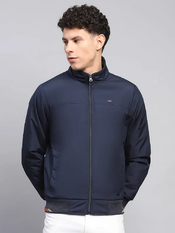 Seasonal Clearance Men Navy Blue Solid Mock Neck Full Sleeve Jacket