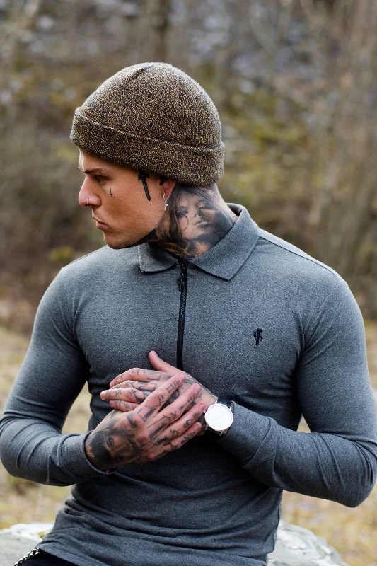 Discount Deals Father Sons Classic Dark Grey Zipped Polo Long Sleeve Shirt - FSH026