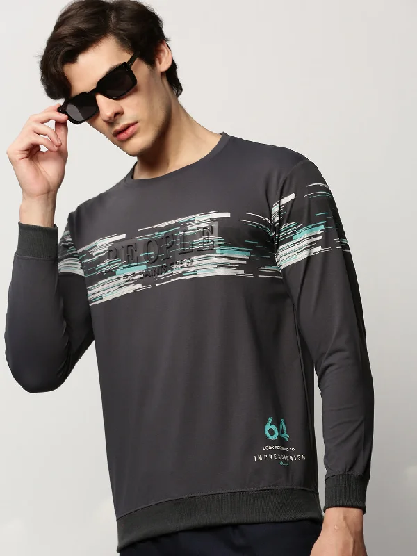 Low Prices Men Grey Graphics Casual Sweatshirts