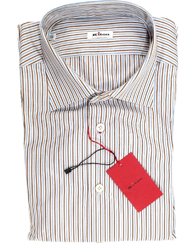 Buy Now Kiton Dress Shirt White Brown Blue Stripes 44 - 17 1/2 SALE