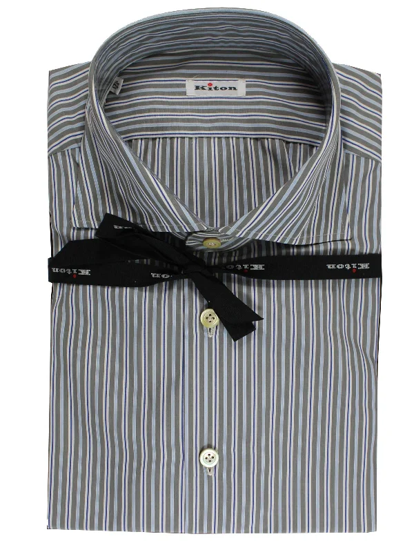 Weekend Shopping Extravaganza Kiton Dress Shirt White Gray Royal Blue Stripes 44 - 17 1/2 SALE
