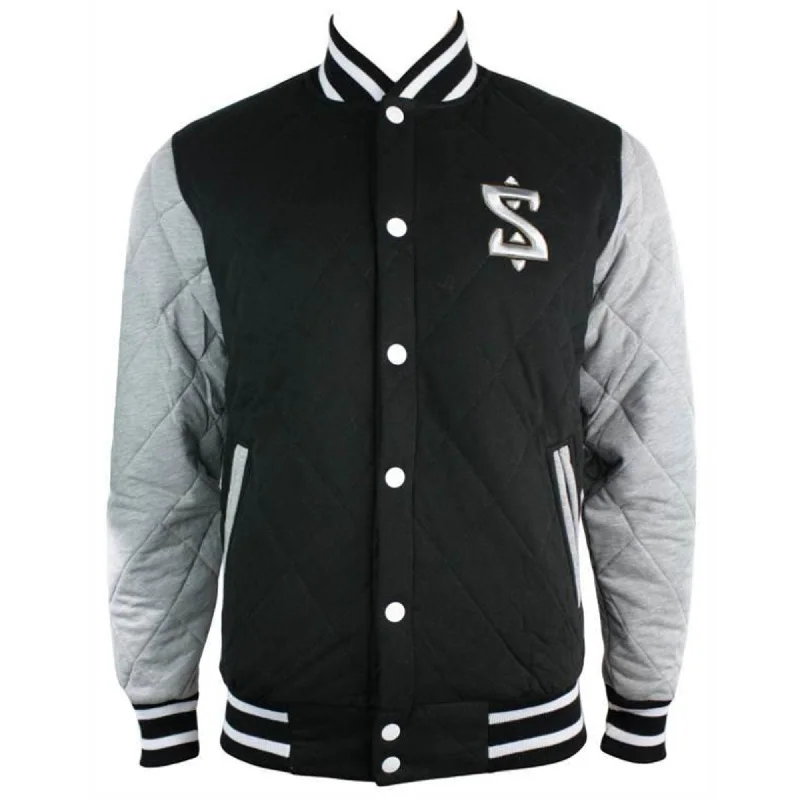 Weekend Discounts to Grab Mens Black College Baseball Grey Arms Bomber Quilted Jacket Varsity Elbow Patch Weekend Discounts to Grab Mens Black College Baseball Grey Arms Bomber Quilted Jacket Varsity Elbow Patch