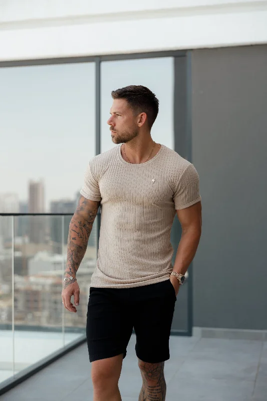 Deal of the Day Father Sons Classic Beige / Gold Ribbed Knit Super Slim Short Sleeve Crew - FSH1088 Deal of the Day Father Sons Classic Beige / Gold Ribbed Knit Super Slim Short Sleeve Crew - FSH1088