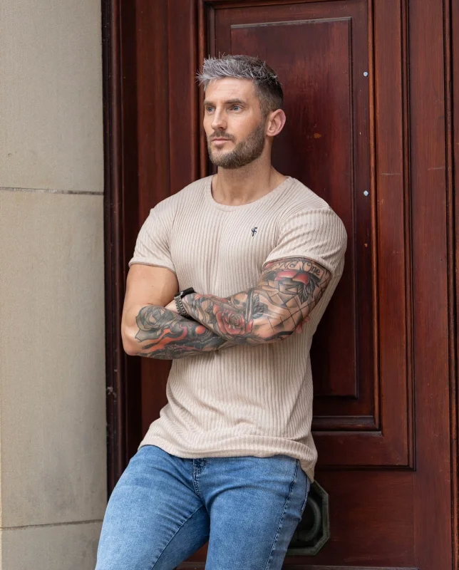 Limited Time Father Sons Classic Beige / Navy Ribbed Knit Short Sleeve Super Slim Long Line Crew - FSH766 Limited Time Father Sons Classic Beige / Navy Ribbed Knit Short Sleeve Super Slim Long Line Crew - FSH766
