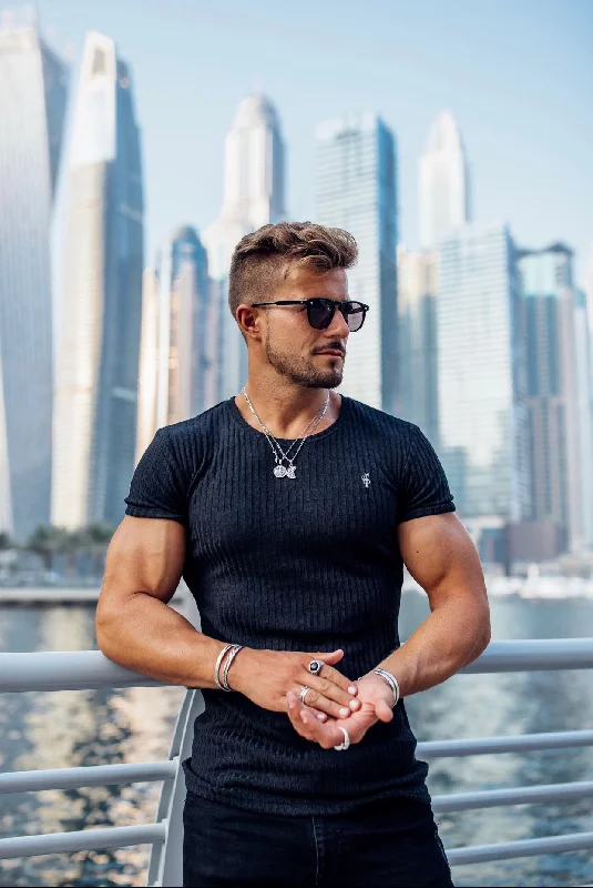 Great Bargain Father Sons Classic Black Ribbed Knit Super Slim Short Sleeve Crew - FSH241 Great Bargain Father Sons Classic Black Ribbed Knit Super Slim Short Sleeve Crew - FSH241