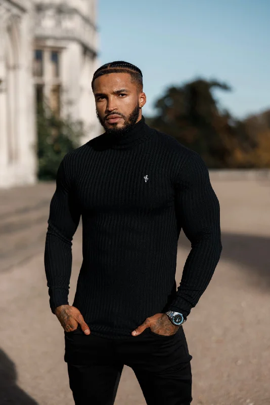 Take Action Father Sons Classic Black / White Ribbed Knit Roll Neck Jumper - FSH776