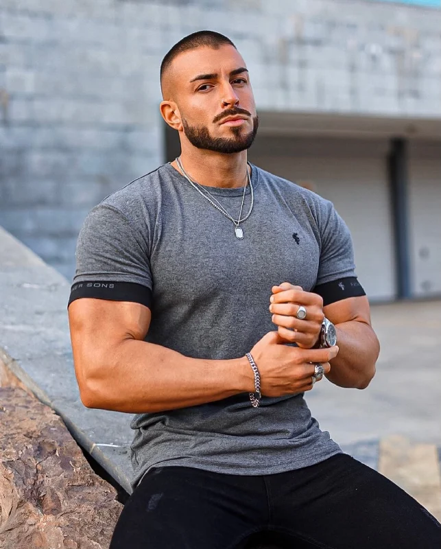 Deal of the Day Father Sons Classic Dark Grey Crew T Shirt with FS Elastic Sleeve Branding - FSH637