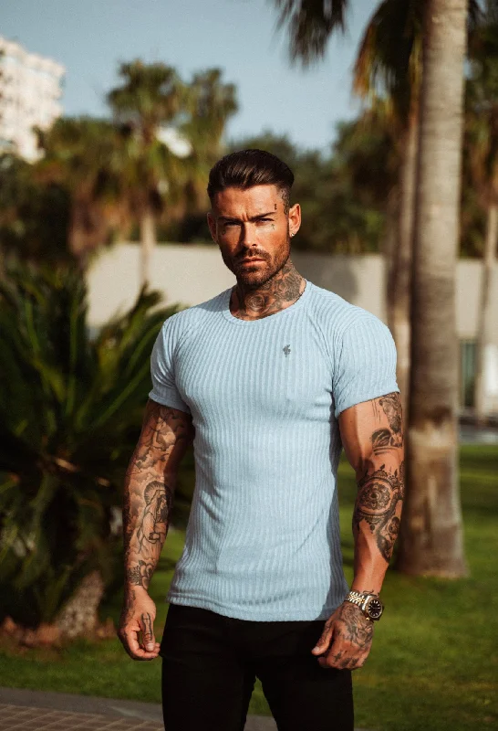 Cash Savings Father Sons Classic Light Blue Rib Short Sleeve Crew T Shirt With Silver Decal - FSH635 Cash Savings Father Sons Classic Light Blue Rib Short Sleeve Crew T Shirt With Silver Decal - FSH635