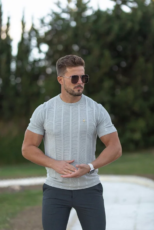 Weekend-Only Price Drops Father Sons Classic Short Sleeve Light Grey Knitted Wide Rib Crew with Gold Emblem - FSH560