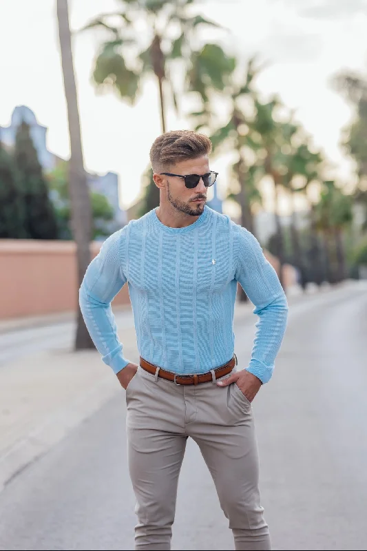 New Deal Father Sons Classic Long Sleeve Baby Blue Knitted Wide Rib Crew with Gold Emblem - FSH738