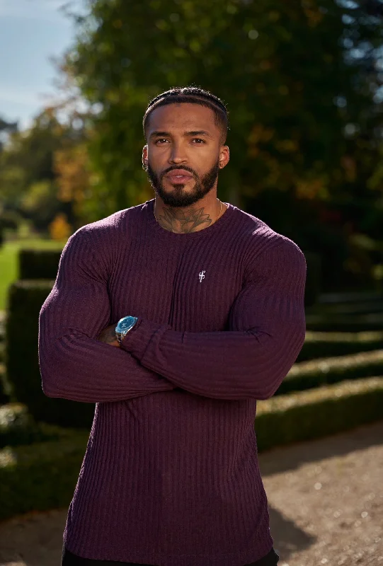 Stock Up Father Sons Classic Plum / White Ribbed Knit Super Slim Crew Jumper - FSH774